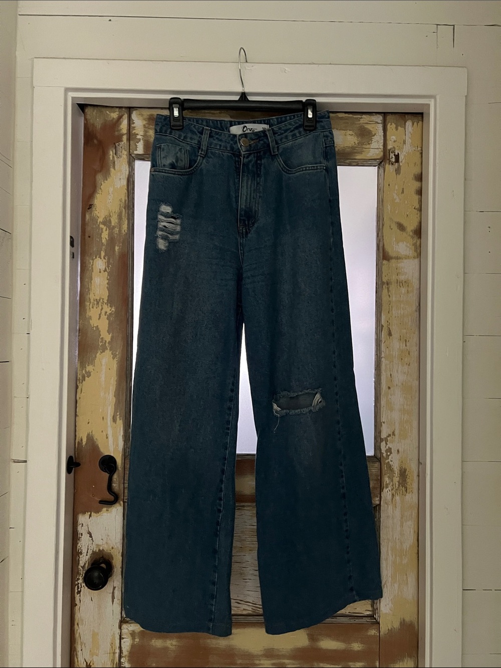 Classic High-Rise Wide-Leg Distressed Jeans — Dark Blue